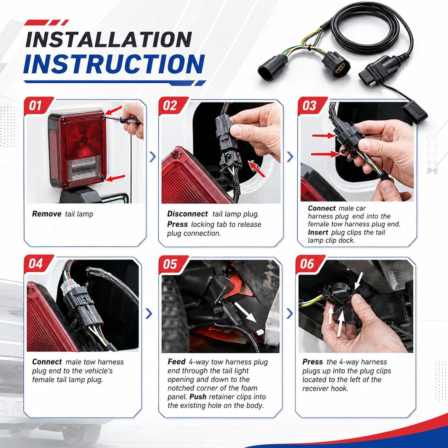 Trailer Light Wiring Harness 4-Pin Flat Connector for Wrangler JK
