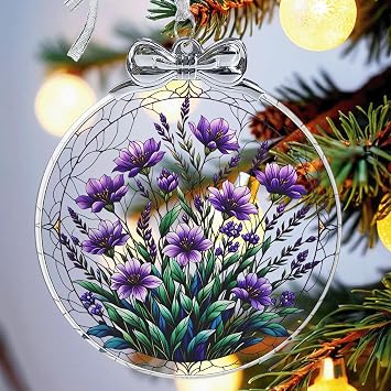 Bauhinia & Violets Crystal Glass Hanging Ornament for Christmas Tree Decor, Christmas Ornaments Xmas Decorations, Holiday Keepsake Present Exchange Ideas