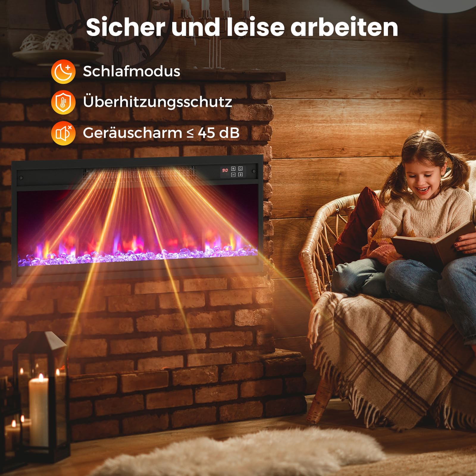 RELAX4LIFE 26" Elektrokamin mit heizung, schwebender Kamin mit LED-Ambientelicht & 3D-Flammeneffekt & Kristall-Glutbett, Deko Wandkamin mit Fernbedienung, 1500 W, 8 Flammenfarben, 9H-Timer, 17℃-32℃