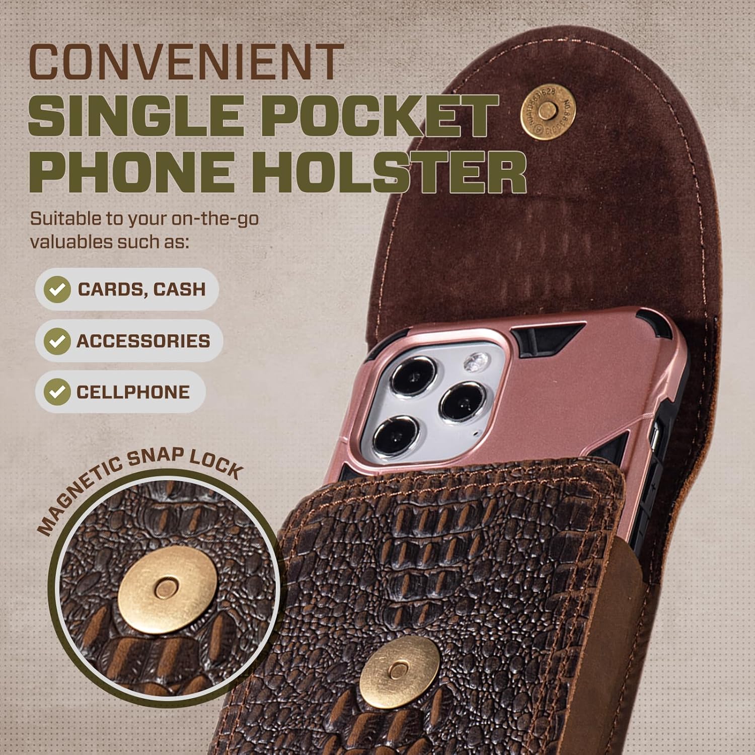 Hengwin Genuine Leather Cell Phone Holster Belt Holder Belt Clip Pouch Case Fit for iPhone 17 Pro Max 16 Plus 15 Pro Max 14 Plus 13 Pro Max 12 Pro Max Samsung Galaxy S24+ S23 Ultra A55 (Retro Brown) - Image 4