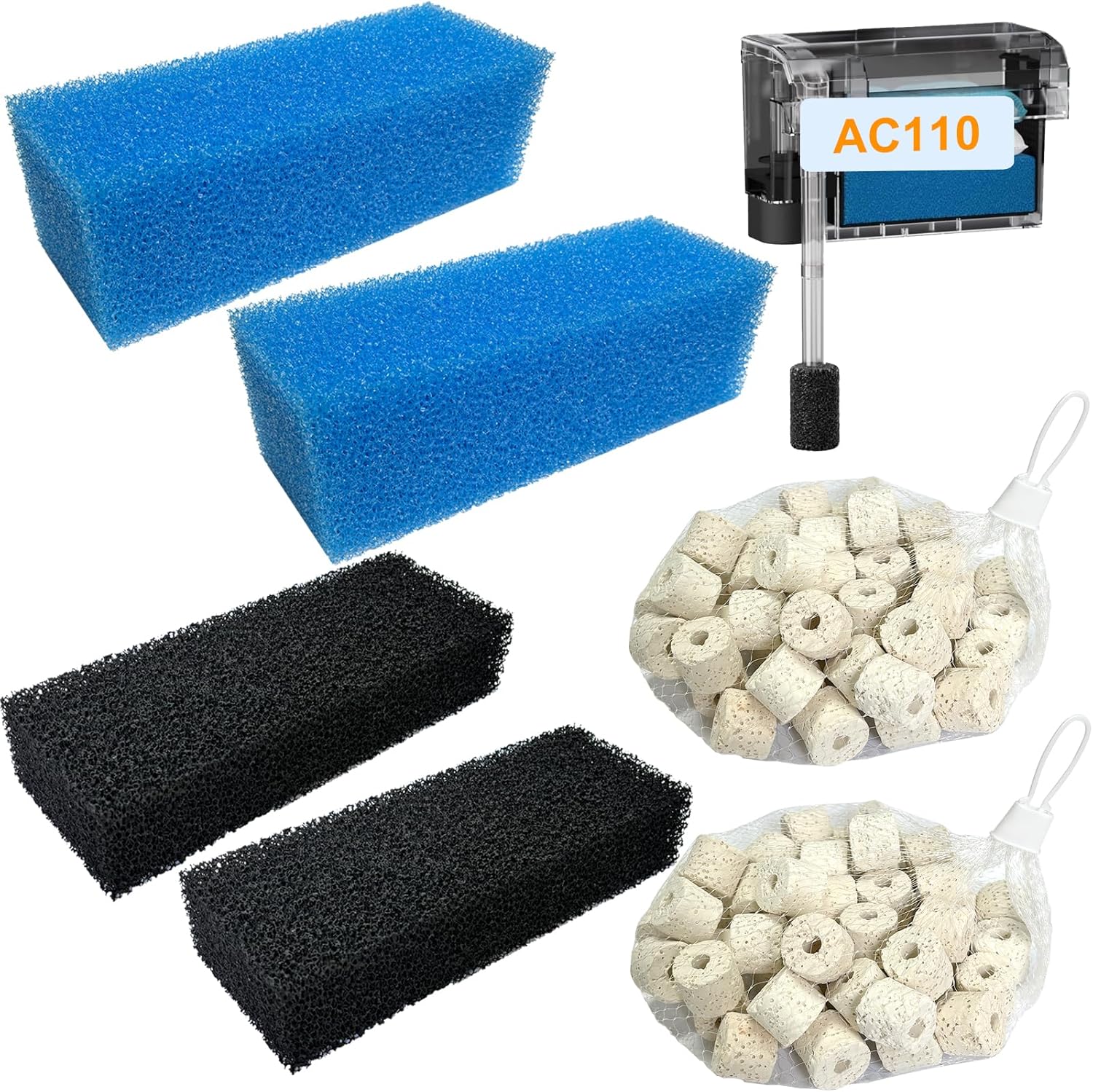 6 Pack Aquarium Filter Media Maintenance Kit Compatible with Fluval AquaClear AC110 Power Filter, 60-110 Gallon, Includes 2 Ceramic Rings, 2 Blue Foam Filters & 2 Carbon Sponge Filters