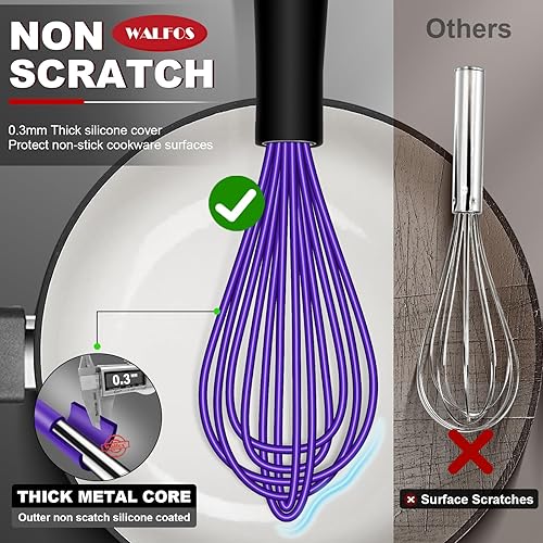 Miniatura 2 de Walfos Batidor, batidor para cocinar sin arañazos. Juego de 4 batidores de silicona para cocina, Wisk-11 pulgadas y batidor de globo de 7+9+11