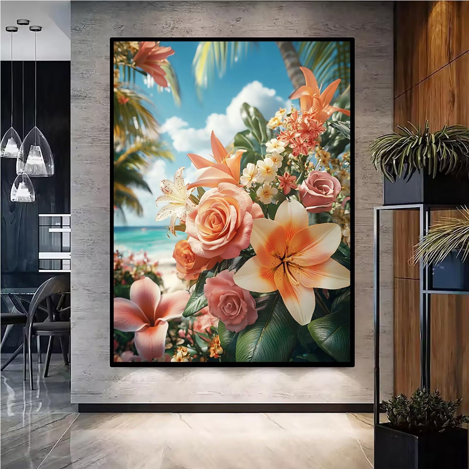 Diamond Painting Kit Completo, Diamond Painting Tropicale, 5D Quadrato Pittura Diamante Kit Manualidades Adultos DIY Diamantini Crystal Art Disegni Ricamo Punto Croce Artigianale,80x100cm Fiori j0-702