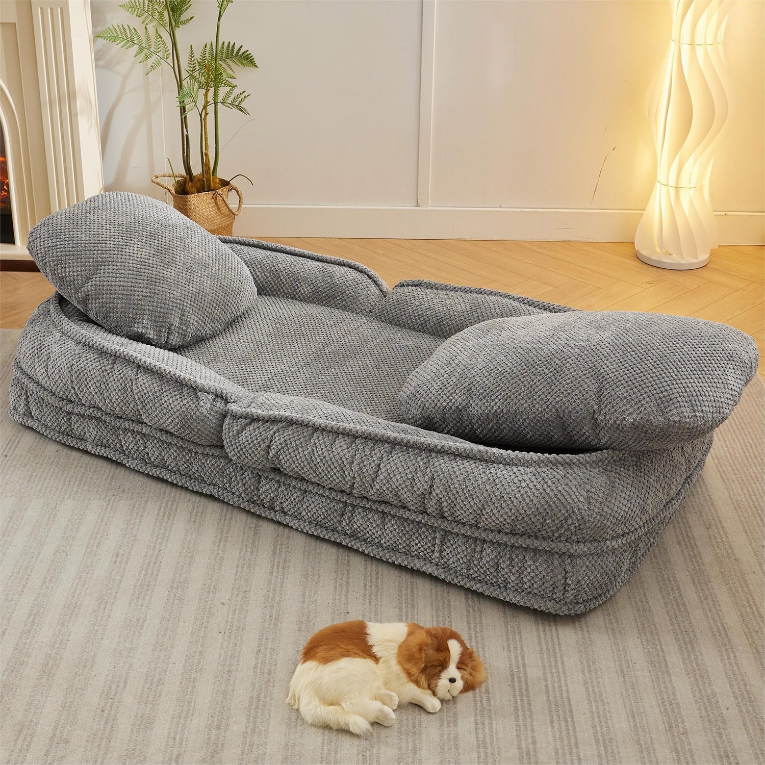 Human Dog Bed, 5 Adjustable Position Human Sized Dog Bed, 69.29''L x 34.65''W x 33.07''H Giant Dog Bed for Adults and Pets with Sturdy Iron Frame, 2 Soft Cushions & Puffy Doll Cotton, Grey