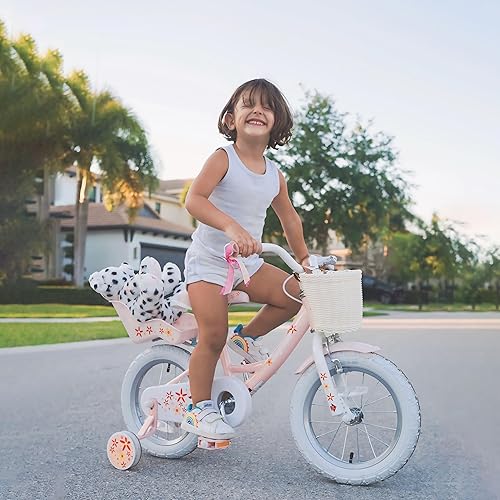 Miniatura 4 de JOYSTAR Unicorn - Bicicleta infantil de 12 pulgadas para niñas de 3 a 4 años con ruedas de entrenamiento, diseño de princesa, color rosa