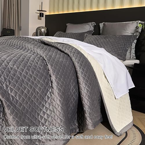 Miniatura 26 de Juego de edredón de terciopelo tamaño Queen, ropa de cama ultrasuave de 3 piezas con 2 fundas de almohada, colcha reversible ligera para todas las