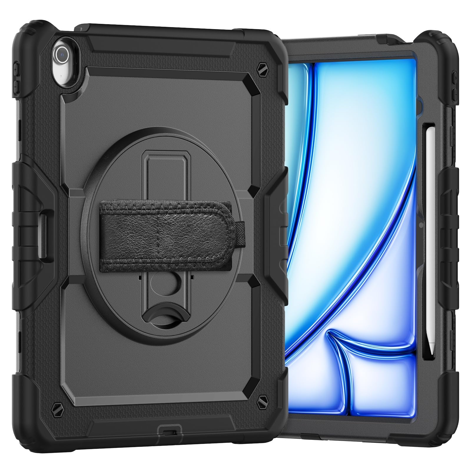 Kompatybilny z etui iPad Air 13 cali M2 2024 ochraniaczem ekranu, wytrzymały [podpórka] [pasek na ramię] Odporny wstrząsy pokrowiec obrotowym paskiem rękę 360° i ramię(Noir)