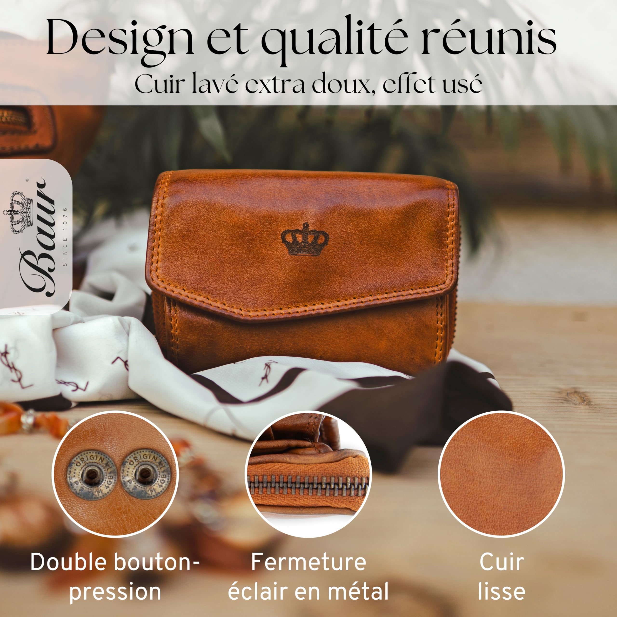 Baur Portefeuille Femme Cuir lavé Extra Doux – Porte-Monnaie Style Used avec RFID – Petit Portefeuille avec Nombreux Compartiments Cartes et Poche à pièces zippée métal (Cognac)