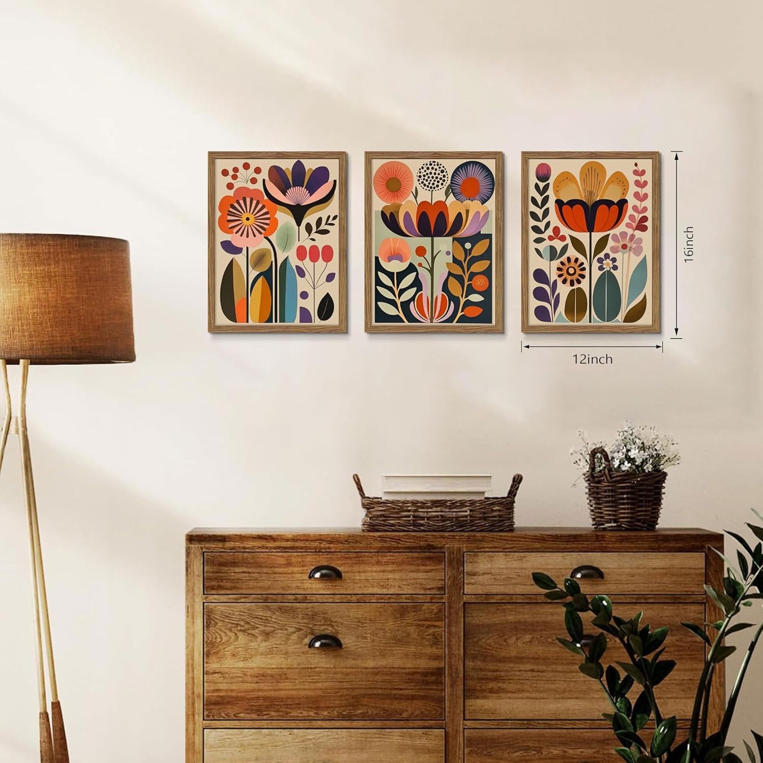 Framed Colorful Floral Wall Art Set of 3, Abstract Scandinavian Flower Canvas Wall Decor Paintings, Mid Century Modern Botanical Artwork Pictures Prints for Living Room Bedroom Dining Room 12x16 Inch