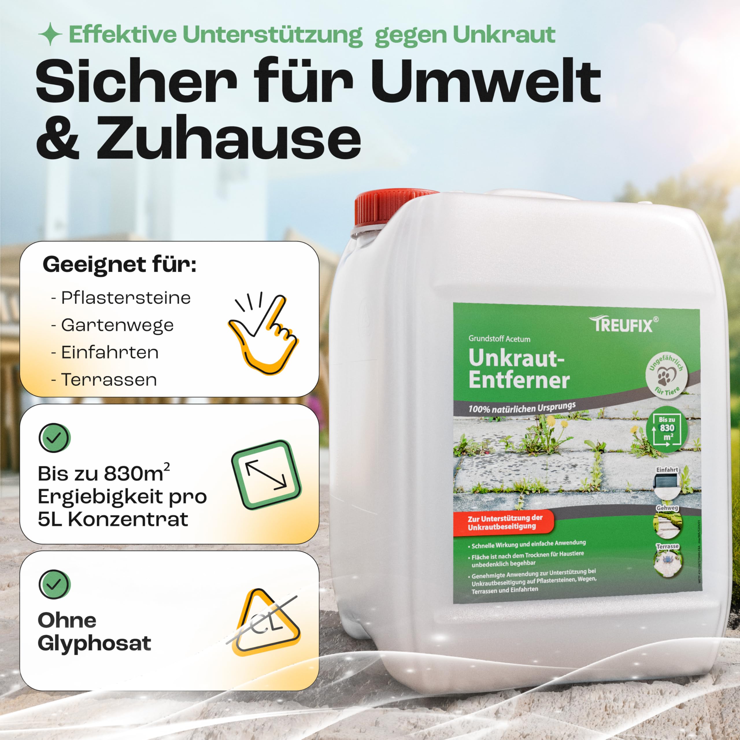 Treufix Konzentrat zur Unkrautentfernung Grundstoff Acetum (Essigsäure) 5L | Ohne Glypohosat zur Unterstützung bei Unkrautbeseitigung auf Pflastersteine, Gartenwege, Terrasse & Einfahrt - Made in DE