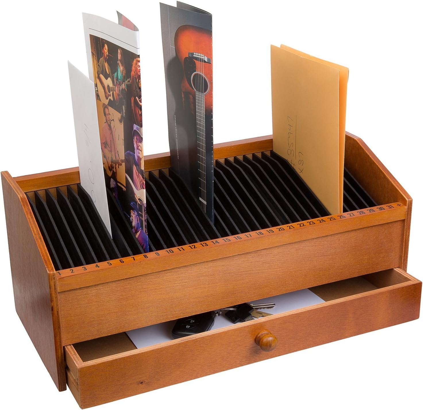 31 Slot Wooden Letter Post Bill Organizer with Drawer - Natural by JUMBL™