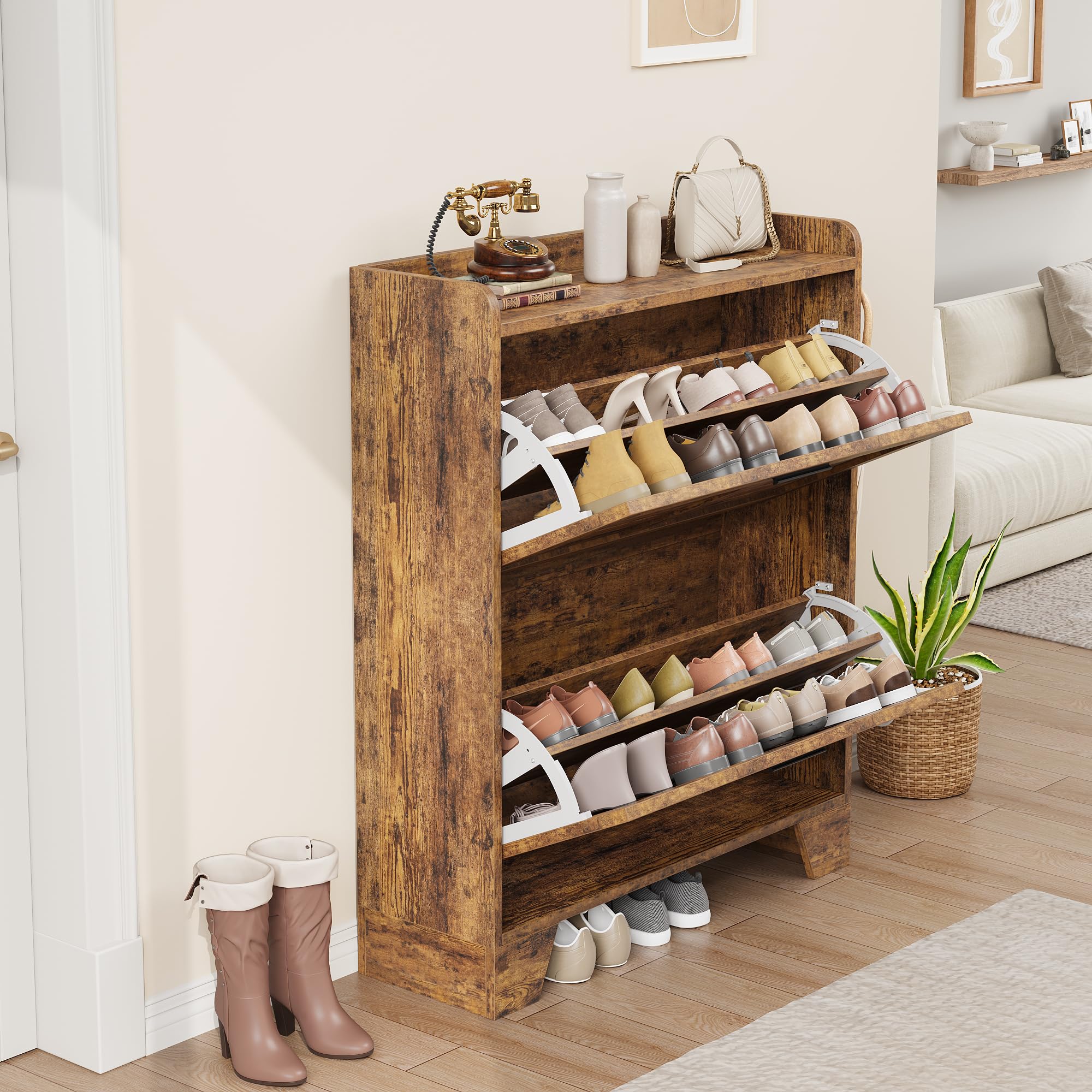 Garvee Ahorra espacio y ordena tu entrada - Armario zapatero estrecho de madera con 2 cajones abatibles y ganchos laterales, organizador de zapatos estilo granja rústica, ideal para espacios pequeños,