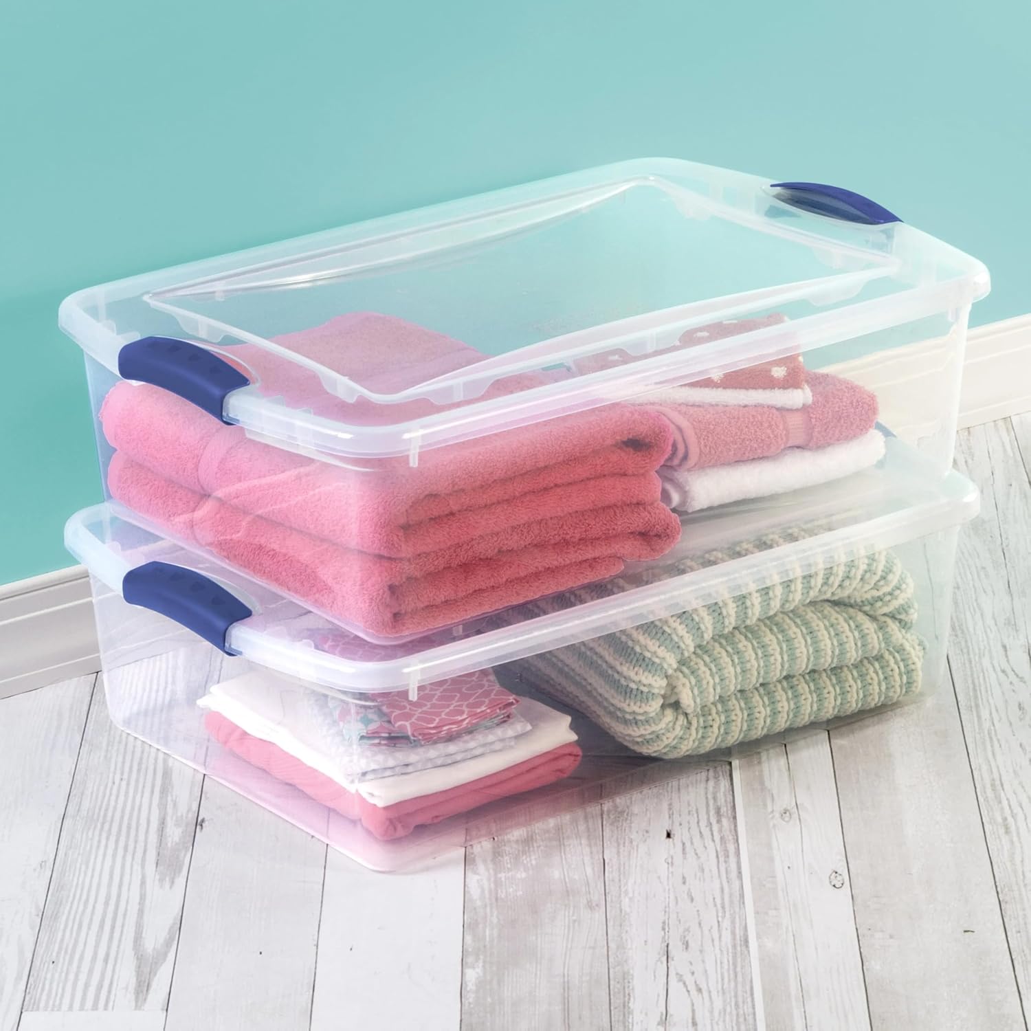 32 Quart Latch Box, Clear Plastic Storage Bin with Lid, Blue Latch, 2 Pack