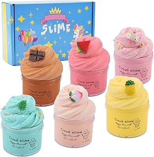 6 Pack Cloud Slime Kit, with Peach Watermelon Mint Leaf Pineapple Candy Cake Chocolate Bar Slime Charm,Soft and Stretchy
