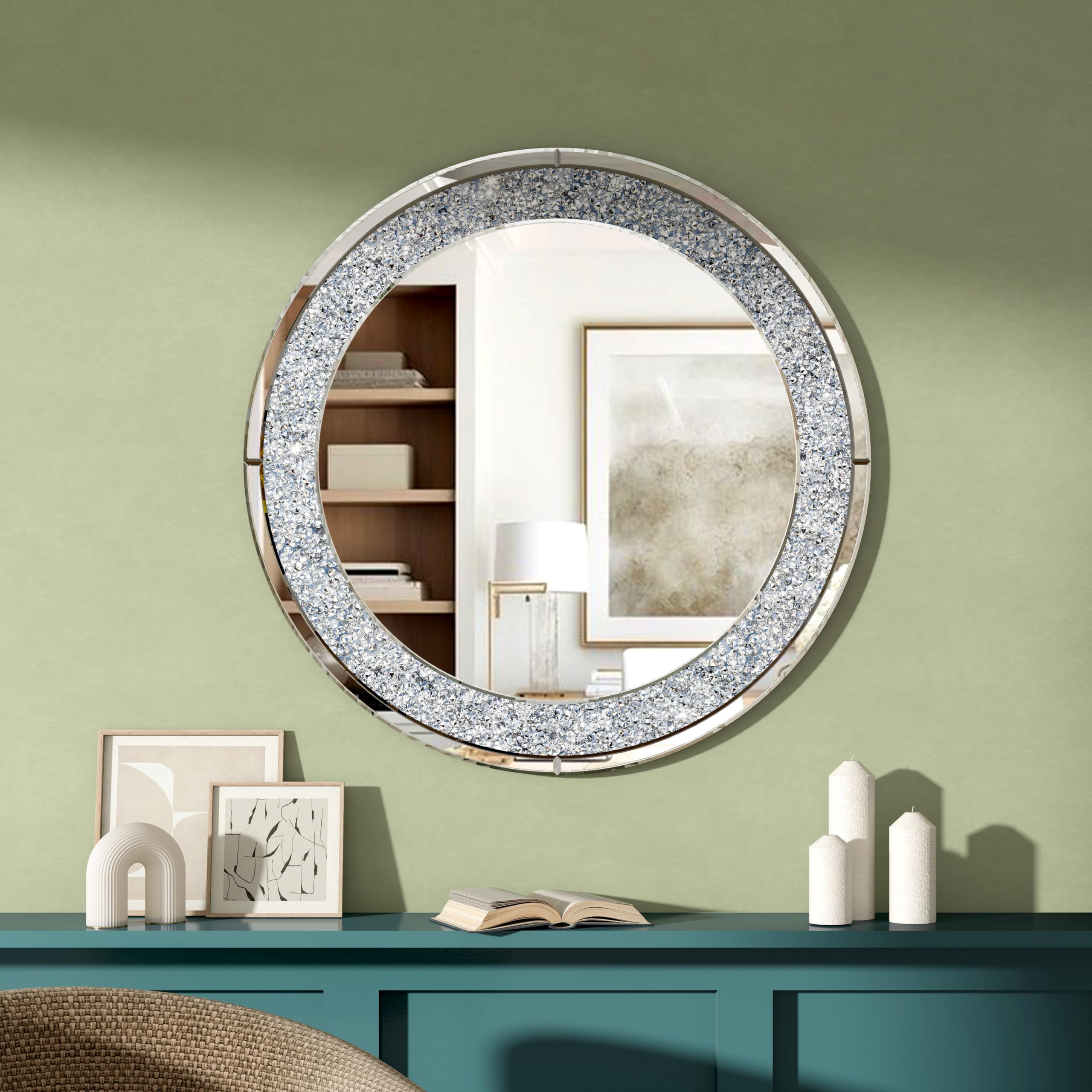 SHYFOY Gran Espejo Redondo, Ø 80 cm, Espejo de Pared Redondo con Diamantes de Cristal, para Salón, Baño, Entrada, Plata