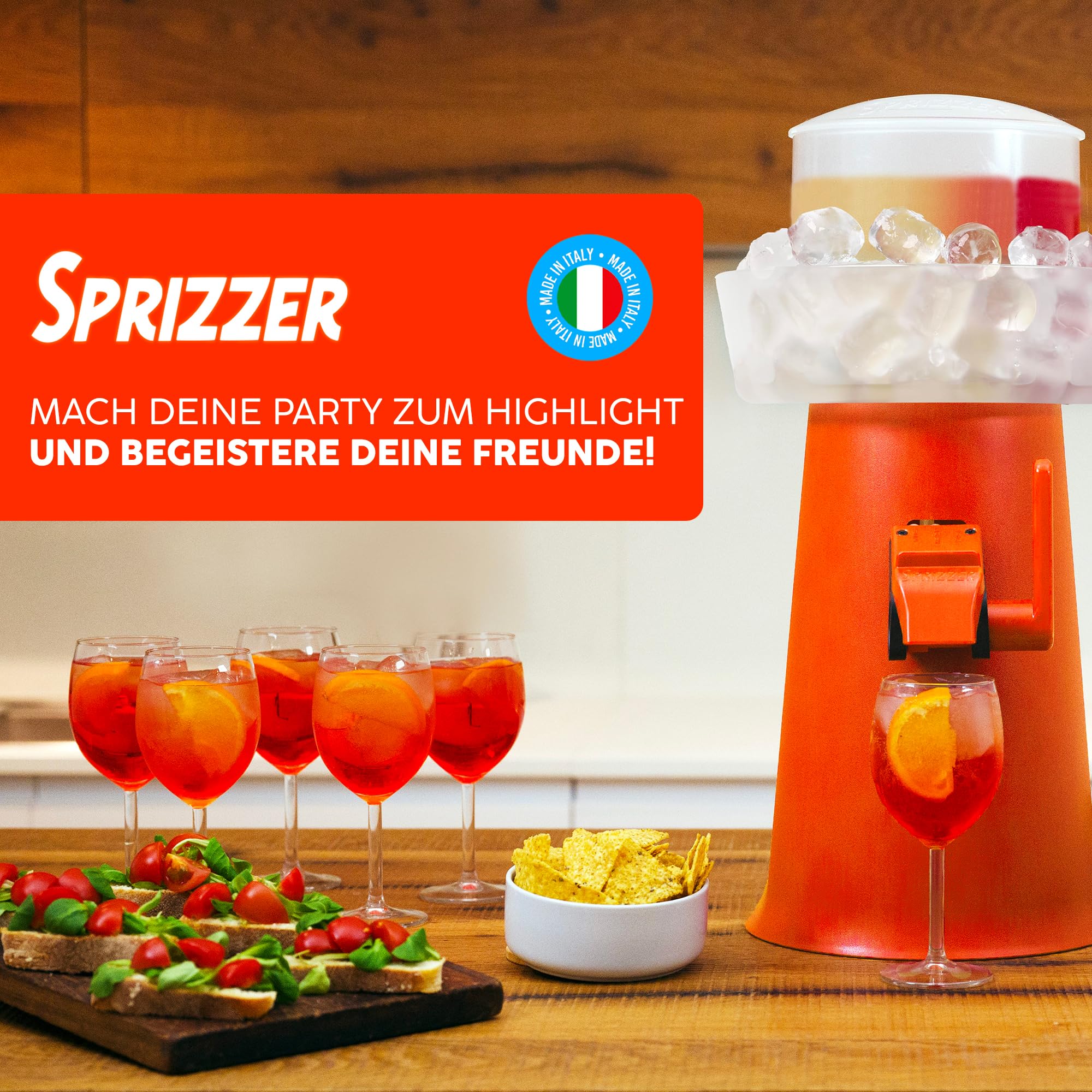 Aperol Spritz Maschine Dispenser Mischer mit Eisbehälter, Manuelle Abgabe, Orange, Made in Italy