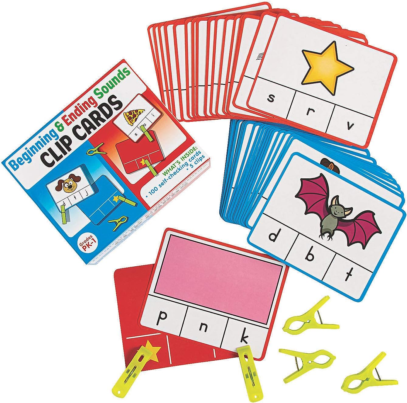 Fun Express Self-Checking Beginning & Ending Sounds Clip Cards 5” x 4” - Educational Cardstock Activities for Kids - Perfect for Learning Fun – 106 Pieces