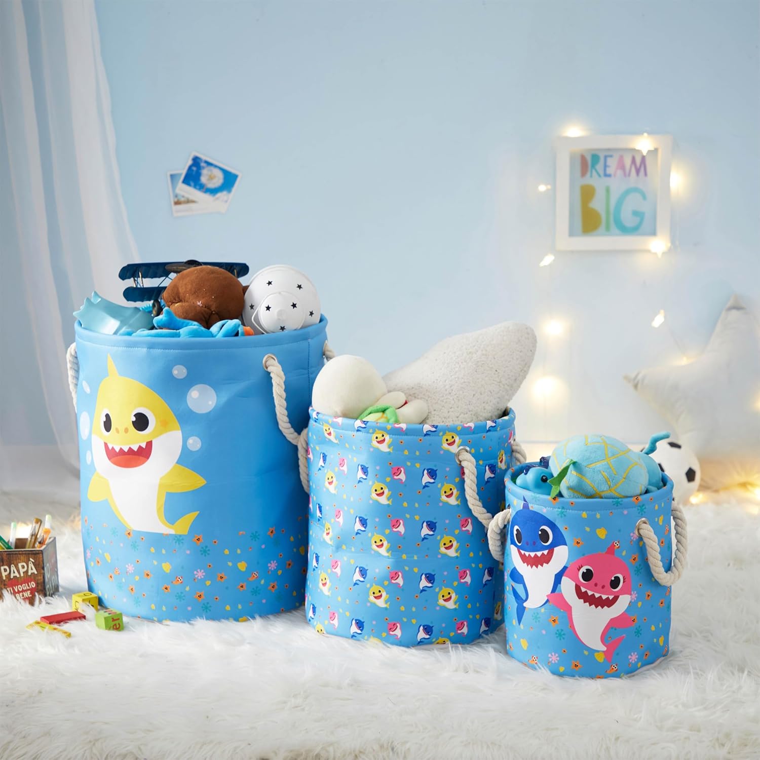 Baby Shark 3 Piece Multi Size Fabric Nestable Toy Storage Basket Set, with Rope Carry Handles