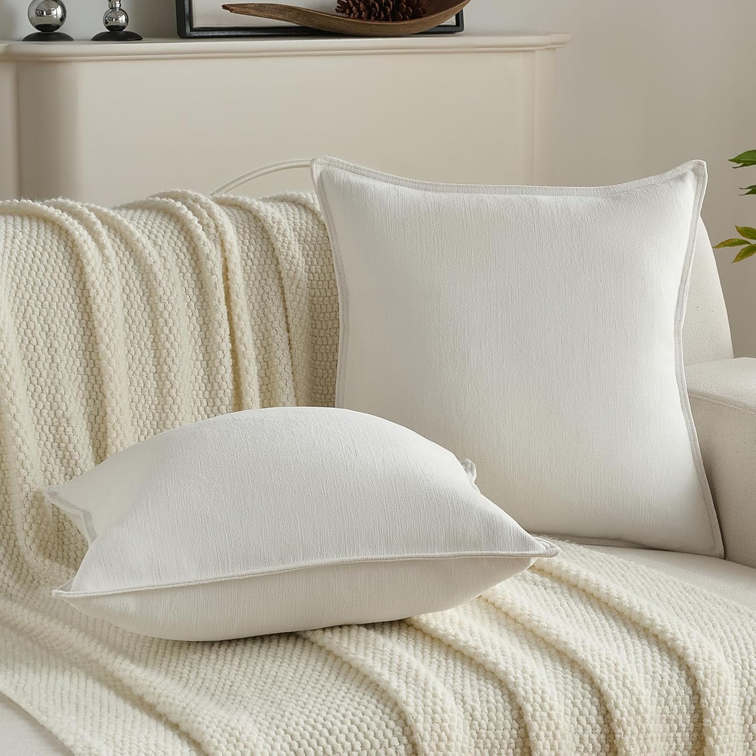 FUTEI Pack of 2 Solid Chenille Throw Pillow Covers 18x18 Inch Soft Edge Decorative Cushion Cases Farmhouse Accent for Couch Bed Living Room, Cream