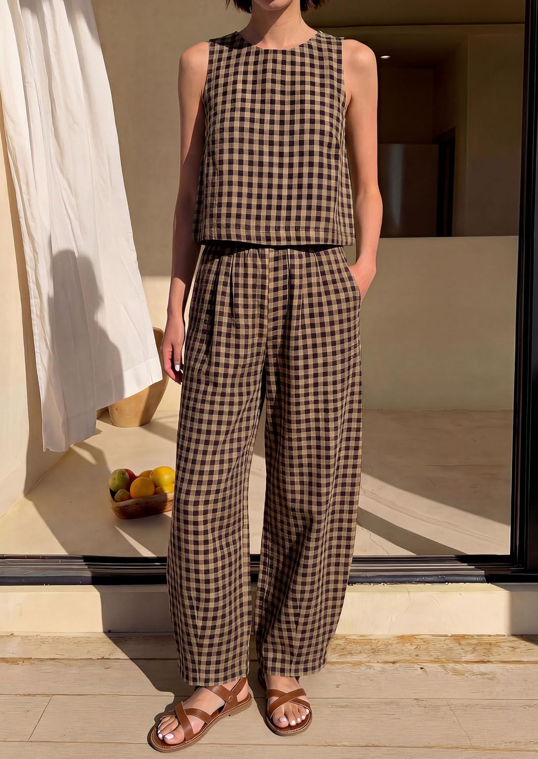 PRETTYGARDEN Womens 2 Piece Sets 2026 Summer Plaid Sleeveless Tops Wide Leg Pants Matching Lounge Set Beach Vacation Outfits