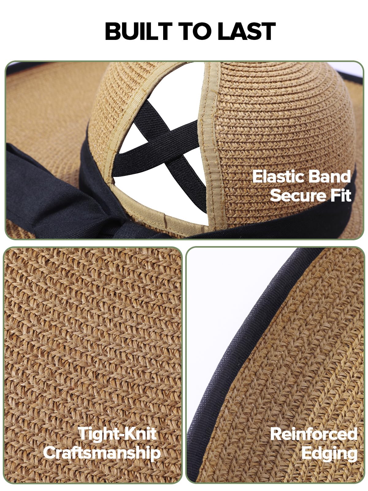 Sombreros de sol para mujer con agujero para cola de caballo, sombreros de playa de ala ancha para mujer, sombrero de paja flexible, plegable, sombreros de verano plegables para mujer, Caqui, Mediana 4