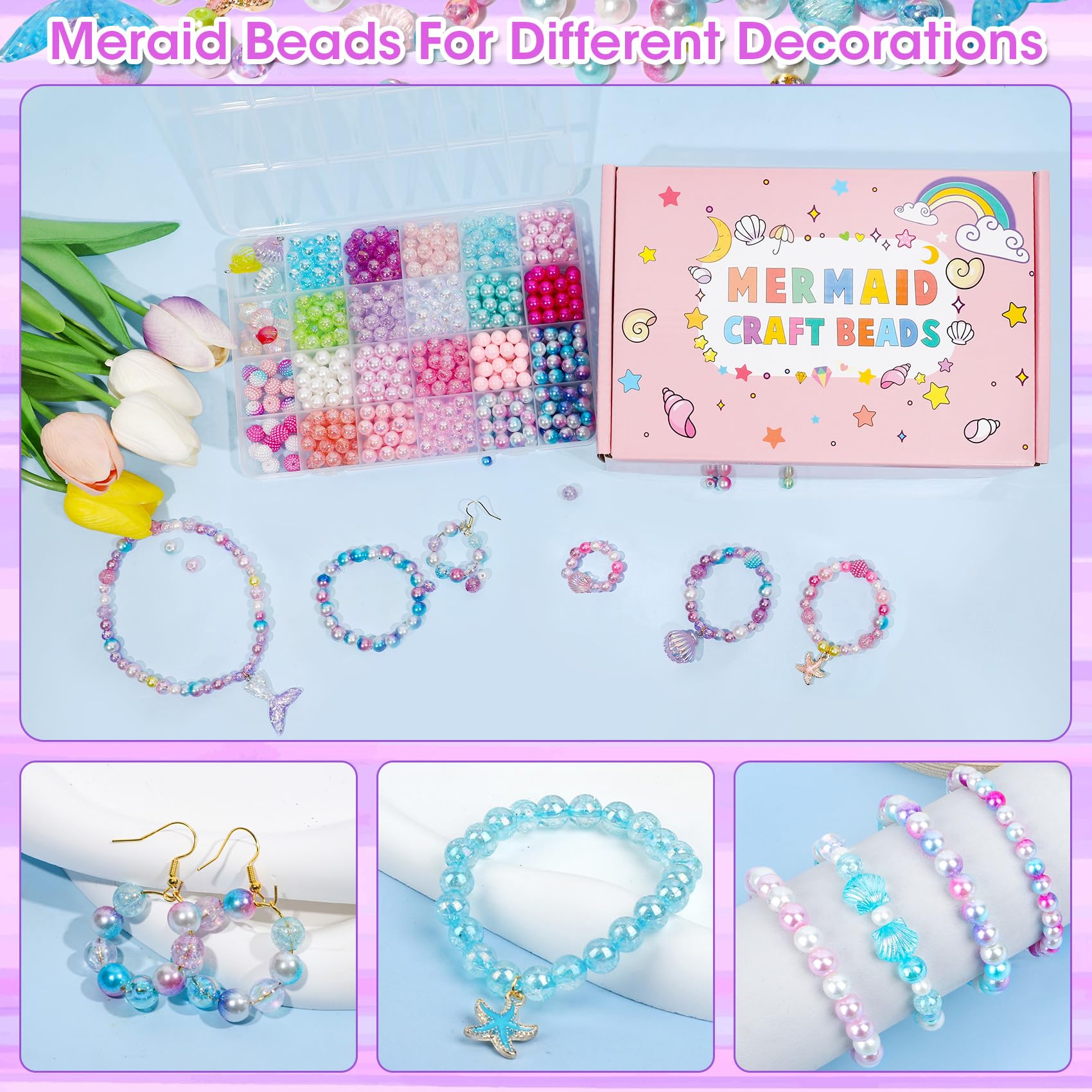 Acerich 1400 Pcs Mermaid Beads Bracelet Making Kit, Charm DIY Mermaid Beads for Jewelry Making with Ocean Shell, Friendship Bracelet Kit for Girls with Starfish Shell - Image 5