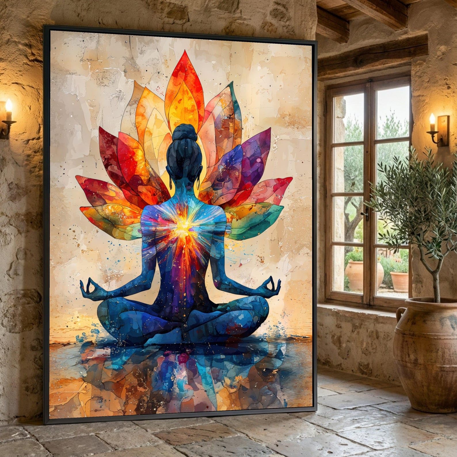 Xinbao Frameless Chakra Meditation Canvas, Spiritual Yoga Wall Art, Colorful Energy Print, Zen Mindful Home Decor,Abstract Lotus Painting(50X70cm/Frameless)