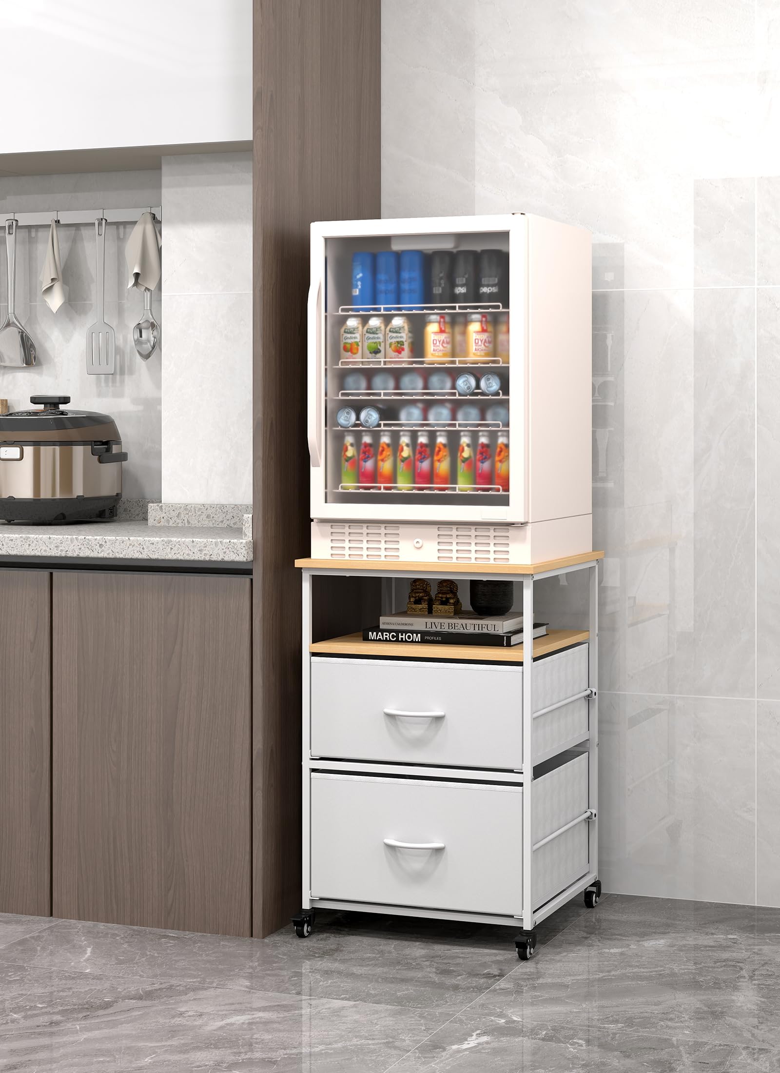 Miniestantería portátil para frigorífico con 4 ruedas, armario con 2 cajones, carrito de cocina, mesa auxiliar de 76 cm, mini soporte para nevera pequeña, para mini nevera, cocina, salón