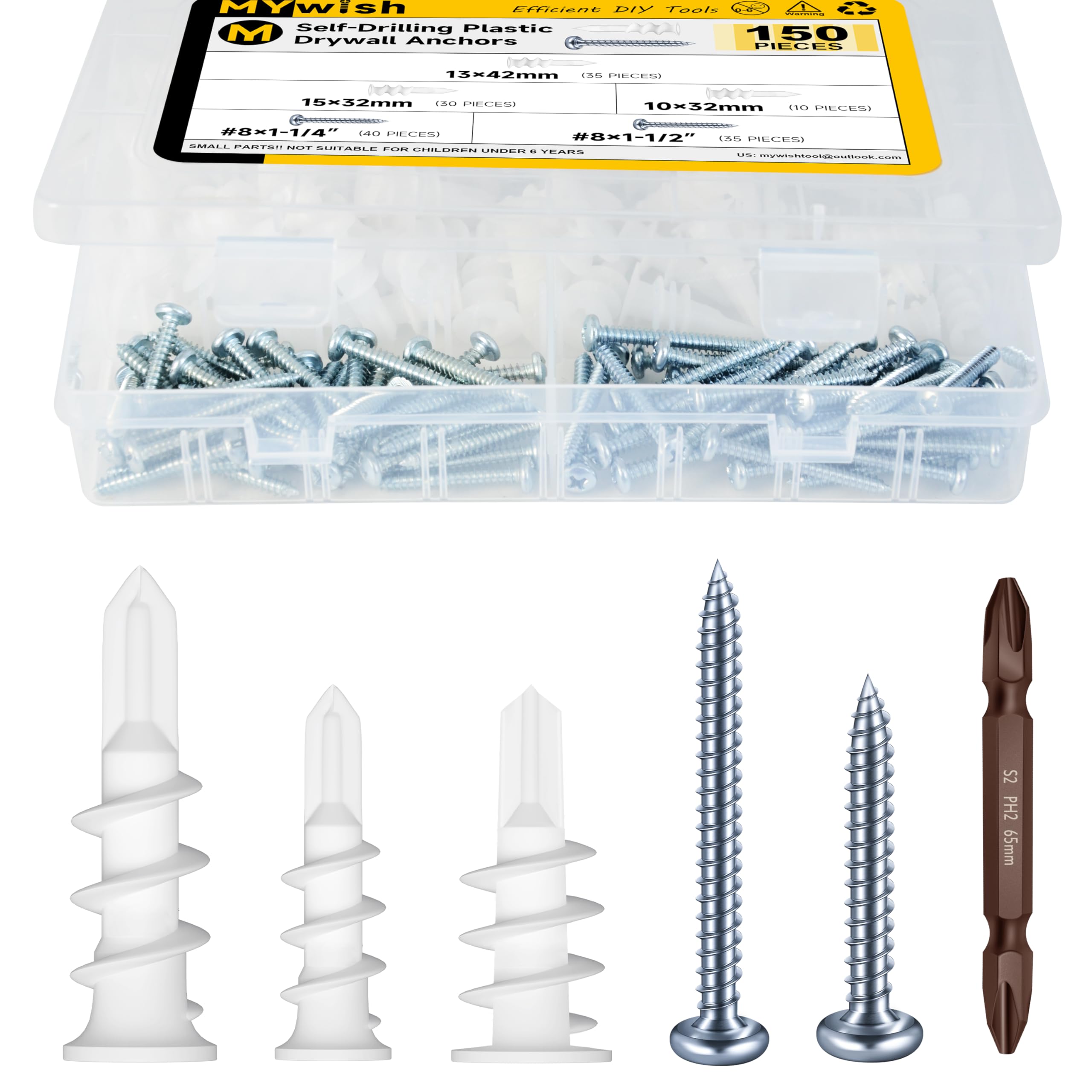 Mywish Self Drilling Drywall Anchors Screws, 150CS 13x32mm,15x32mm,13x42mm Plastic Wall Anchors for Drywall, 3 Sizes Heavy Duty Dry Wall Anchors and