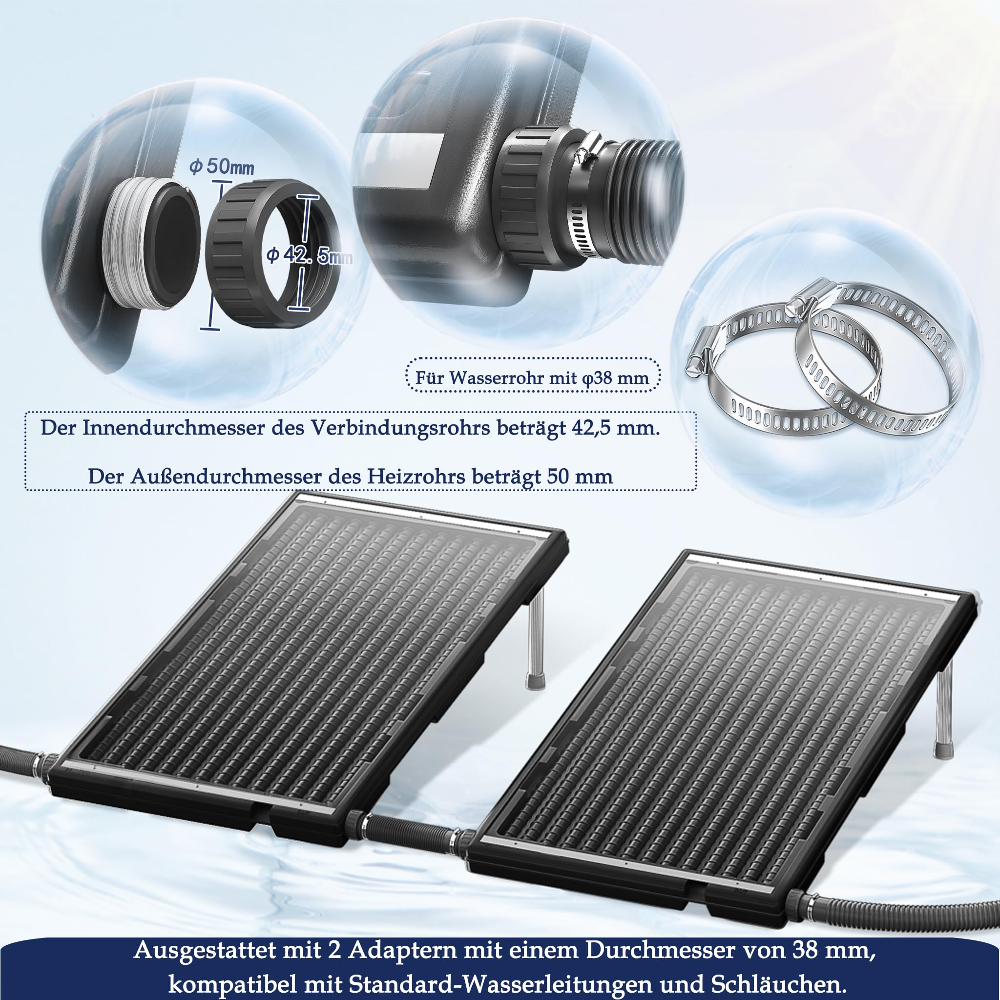 AufuN 2 juegos de calefacción solar para piscina, panel solar de 110 x 69 x 14 cm, calefacción solar para piscina, 10000 L/h, altura ajustable, conexión de 38 mm, calentadores de agua caliente,