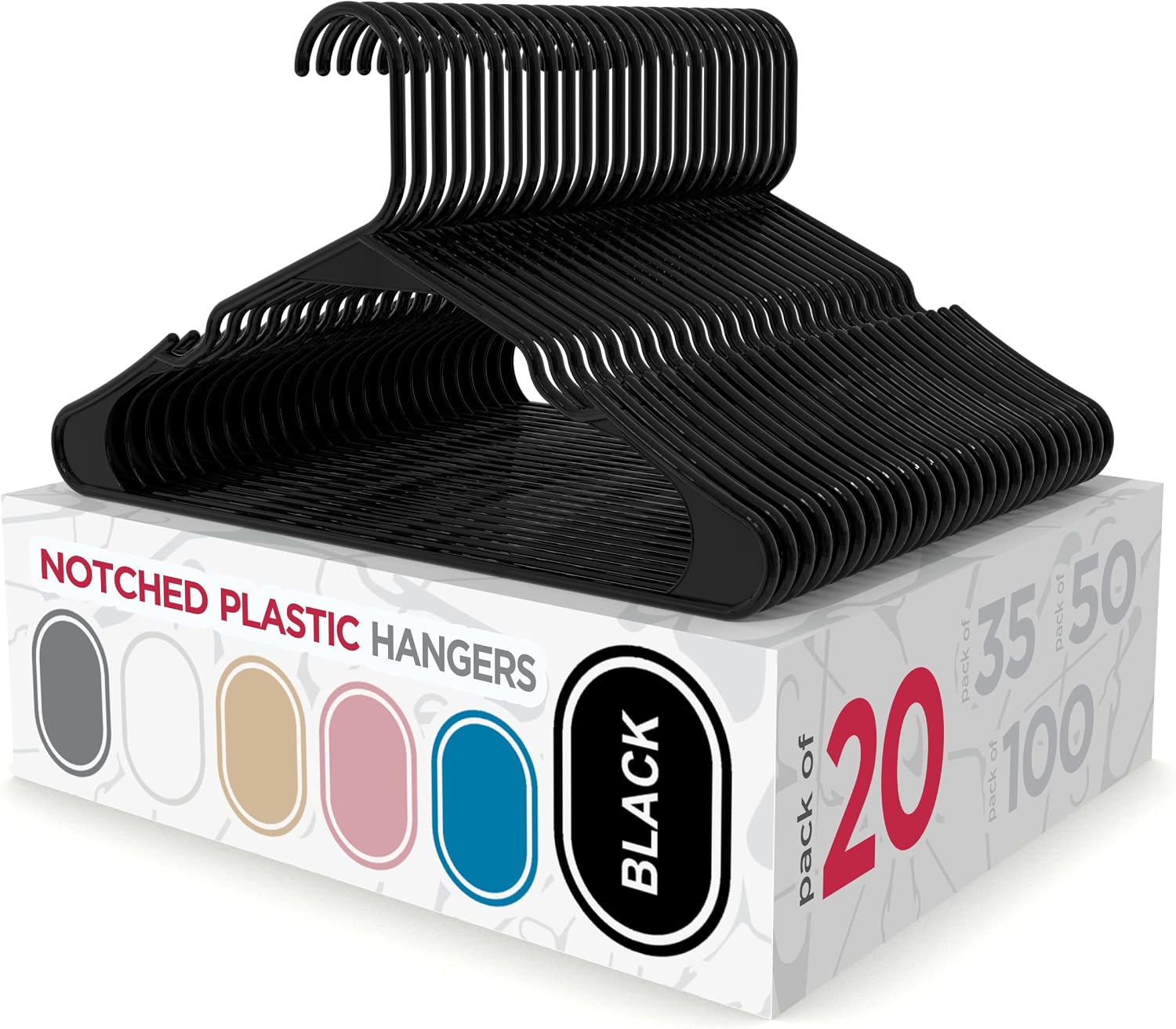 Sharpty Plastic Hangers Clothes Hangers for Clothing, Closet, Coats & Shirts - Notched, Durable, Thick, Tough & Space Saving - for Everyday Standard Use, Room Essentials & Basics - 20 Pack - Black