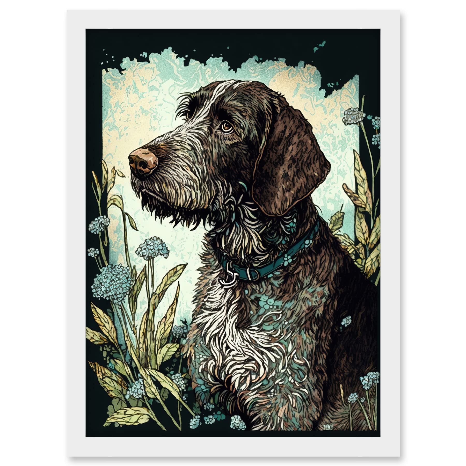 Artery8 German Wirehead Pointer Dog and Blue Wildflowers Modern Portrait Illustration Artwork Framed A3 Wall Art Print