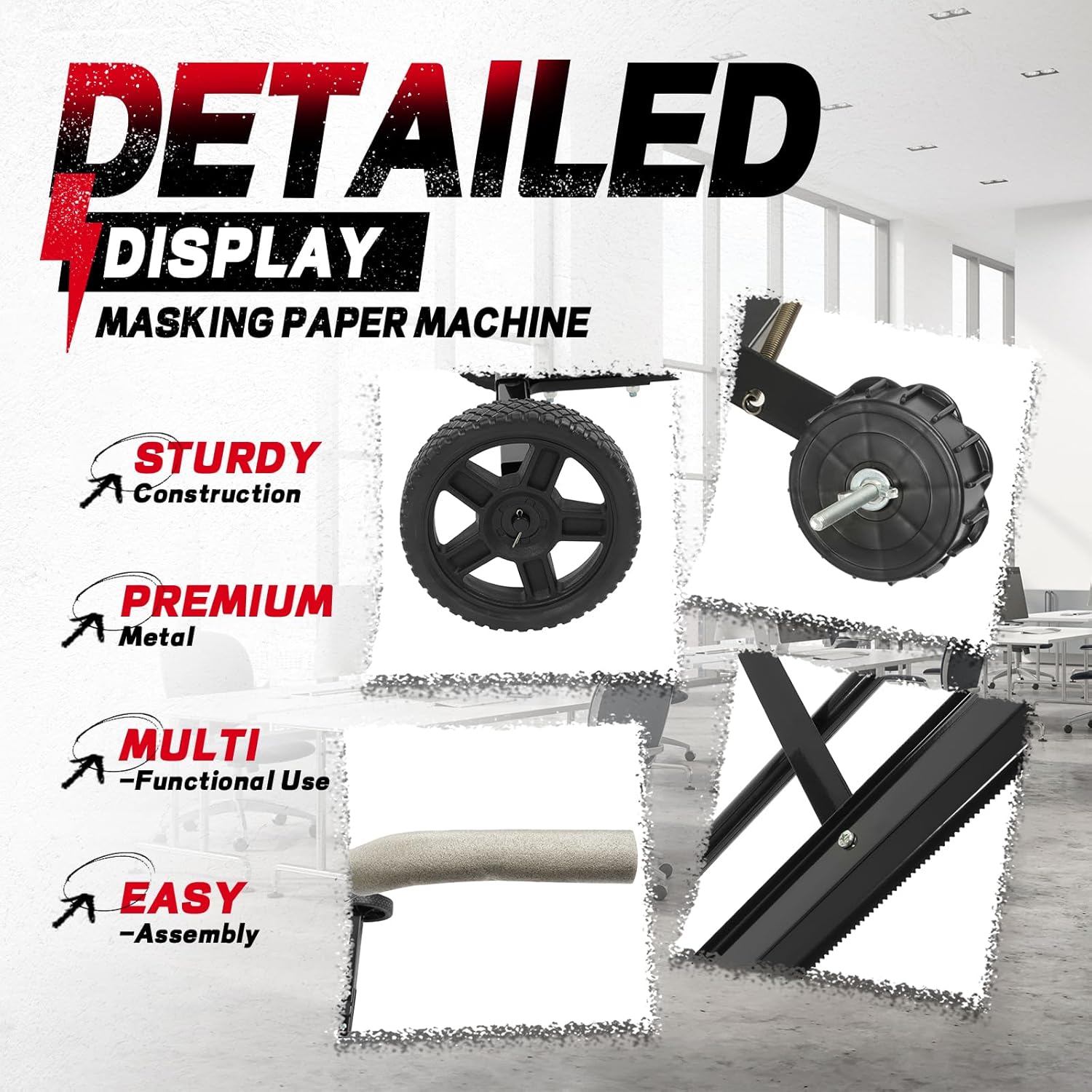 Triple Auto Body Masking Machine Masking Paper Machine Holds 12", 24" & 36" Masking Paper Rolls Black Steel+Plastic