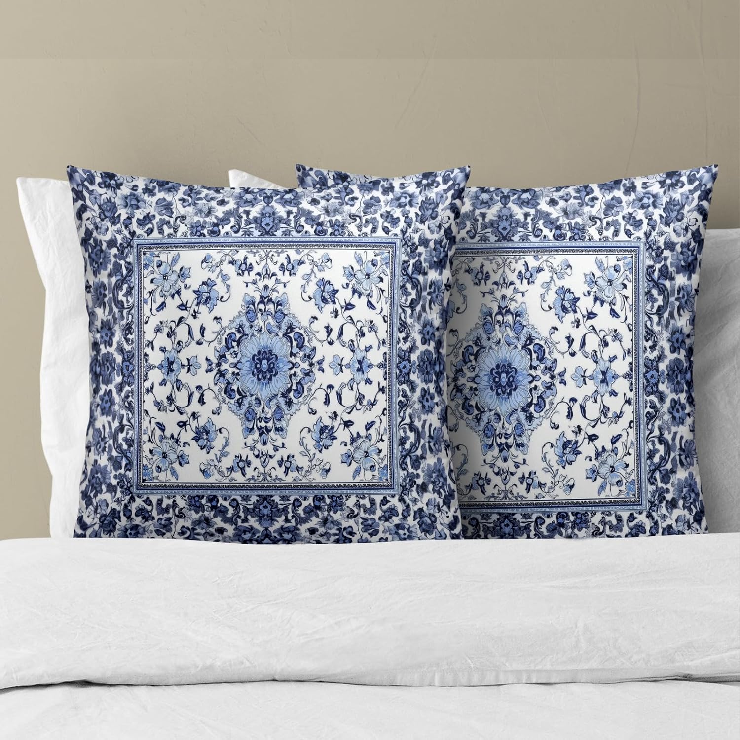 Giwawa Boho Floral Pillow Covers 16x16 Inch Blue Leaves Decorative Pillow Cases Set of 2 Square Throw Pillows for Cushion Sofa Couch Outdoor Decor - Image 3