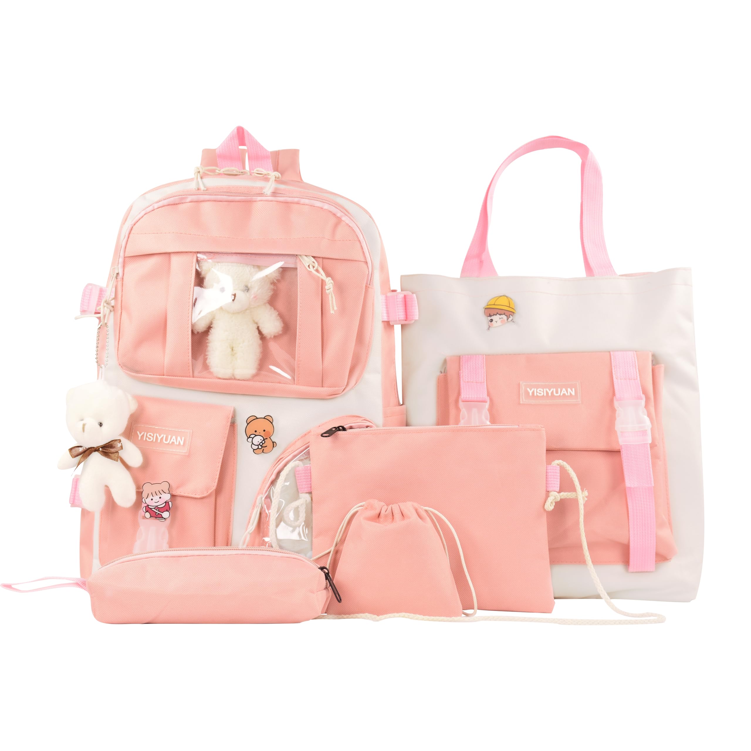 Lifelix Kawaii Backpack for Girls 5 Pcs School Bookbag Cuet Kids Schoolbag with Accessories Crossbody Bags Pencil Case Handbag Coin Purse (Pink)