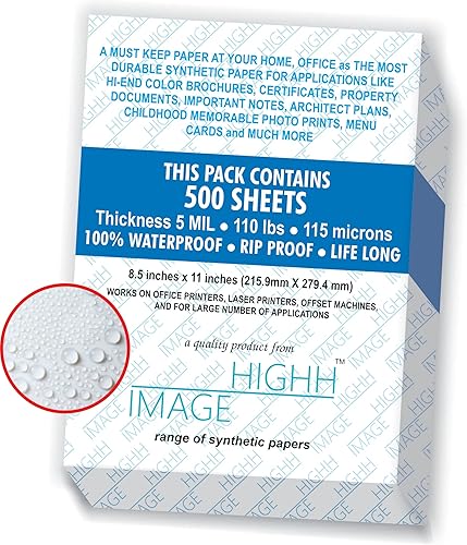 Miniatura 2 de Papel impermeable Paquete de 500 hojas de papel a granel sin desgarro para impresoras láser, 5 mil, 110 libras, papel sintético de doble cara, 8.5