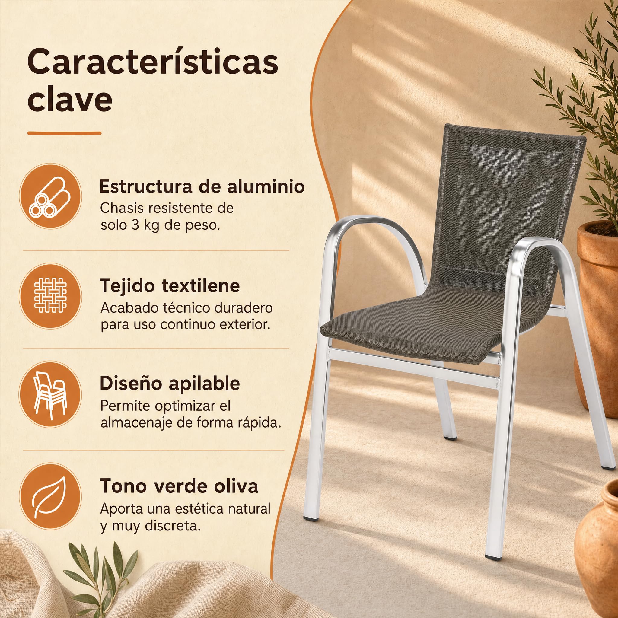 Silla de Jardín Apilable | Sillón Exterior Aluminio | Verde Oliva