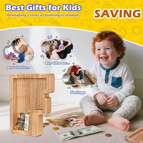 Miniatura 6 de Alcancía de Letras de Madera, Alcancía para Niños y Niñas Pequeños, Grande, 26 Letras del Alfabeto, Alcancía de Dinero Personalizada con Nombre