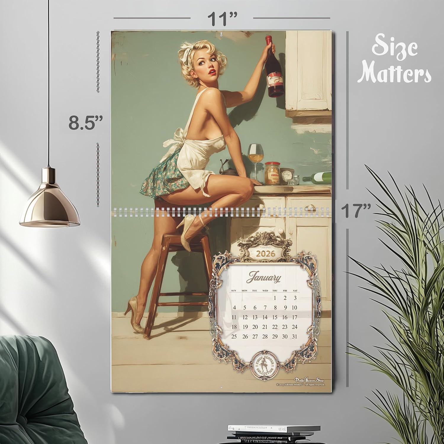 Pin Up Calendar 2026, Funny Vintage Norman Rockwell–Inspired Pin Up Girl Art Calendar, XL 2-Panel Retro Wall Art, Living Room Kitchen Man Cave Decor, Caught in the Act, 11" x 17" Open