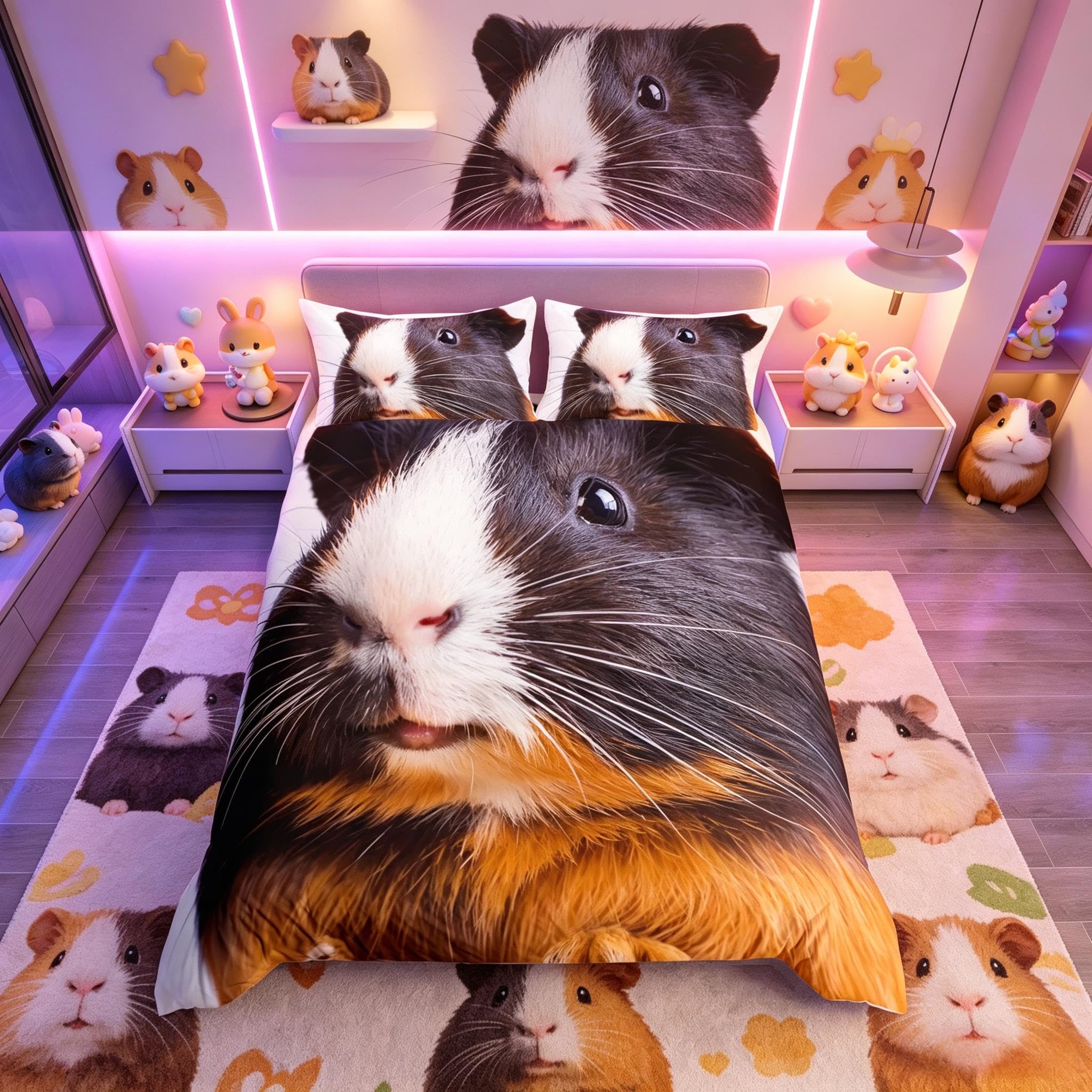 Loussiesd Kids Guinea Pig Bedding Set Cute Cavy Print Comforter Cover for Boys Girls Children Lovely Pet Guinea Pig Duvet Cover Breathable 3D Animal Theme Bedspread Cover Junior/Cot Bed Size 2Pcs