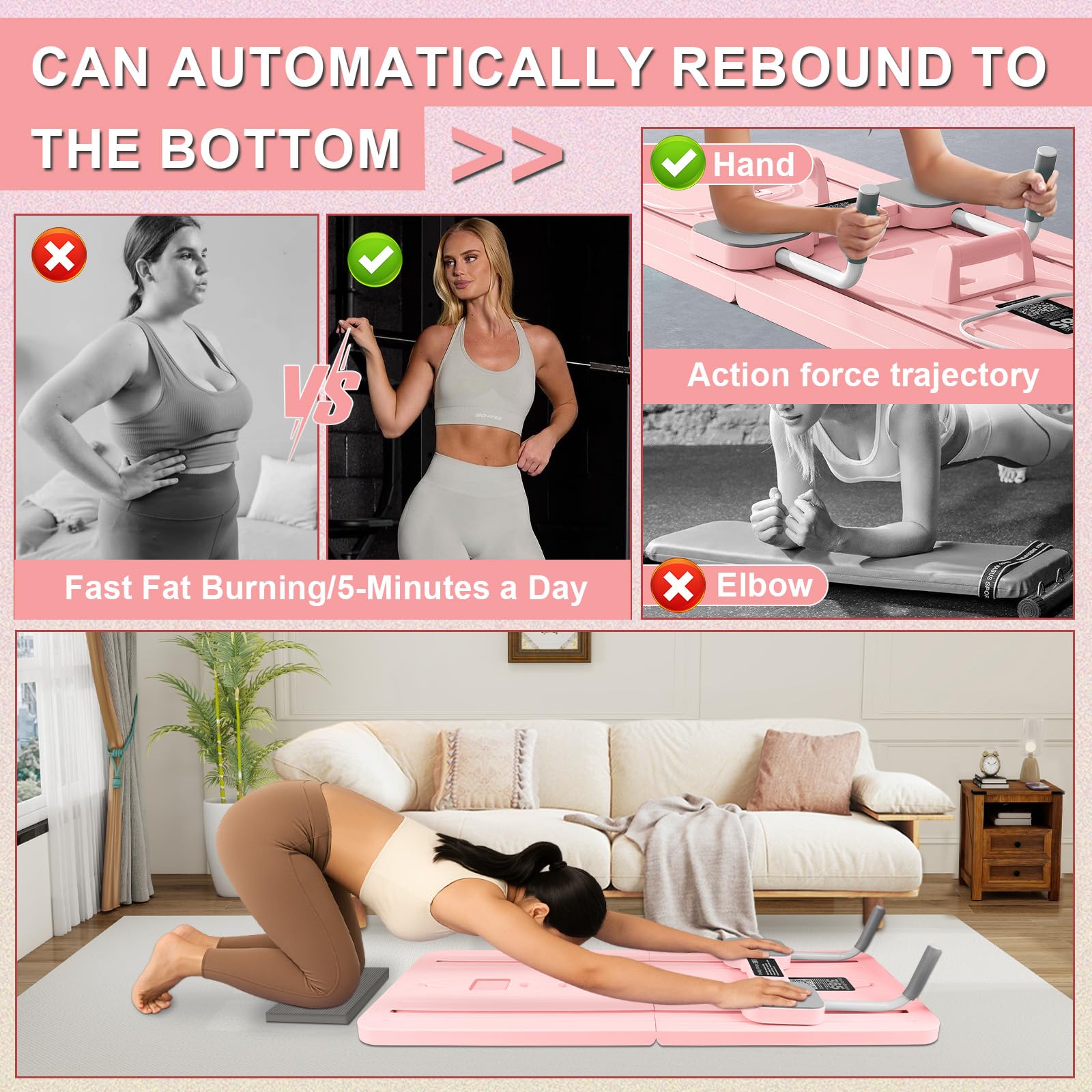 WingFly Pilates Reformer, 4-In-1 Upgraded Klappbares Pilates Board, Push-up-Bauchmuskel-Roller Springt Automatisch mit Timer, Multifunktionales Bauchmuskelbrett Für Zuhause Fitness
