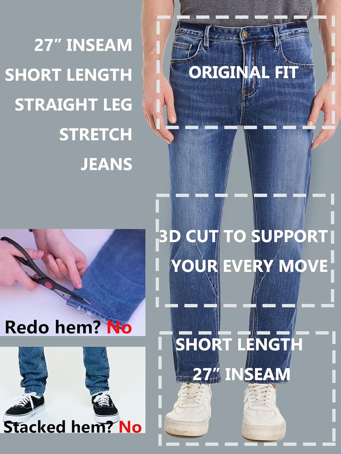 Jeans for Short Men 27" Original Straight Taper Fit Short Length Casual Stretch Denim Pants AT01 - Image 5