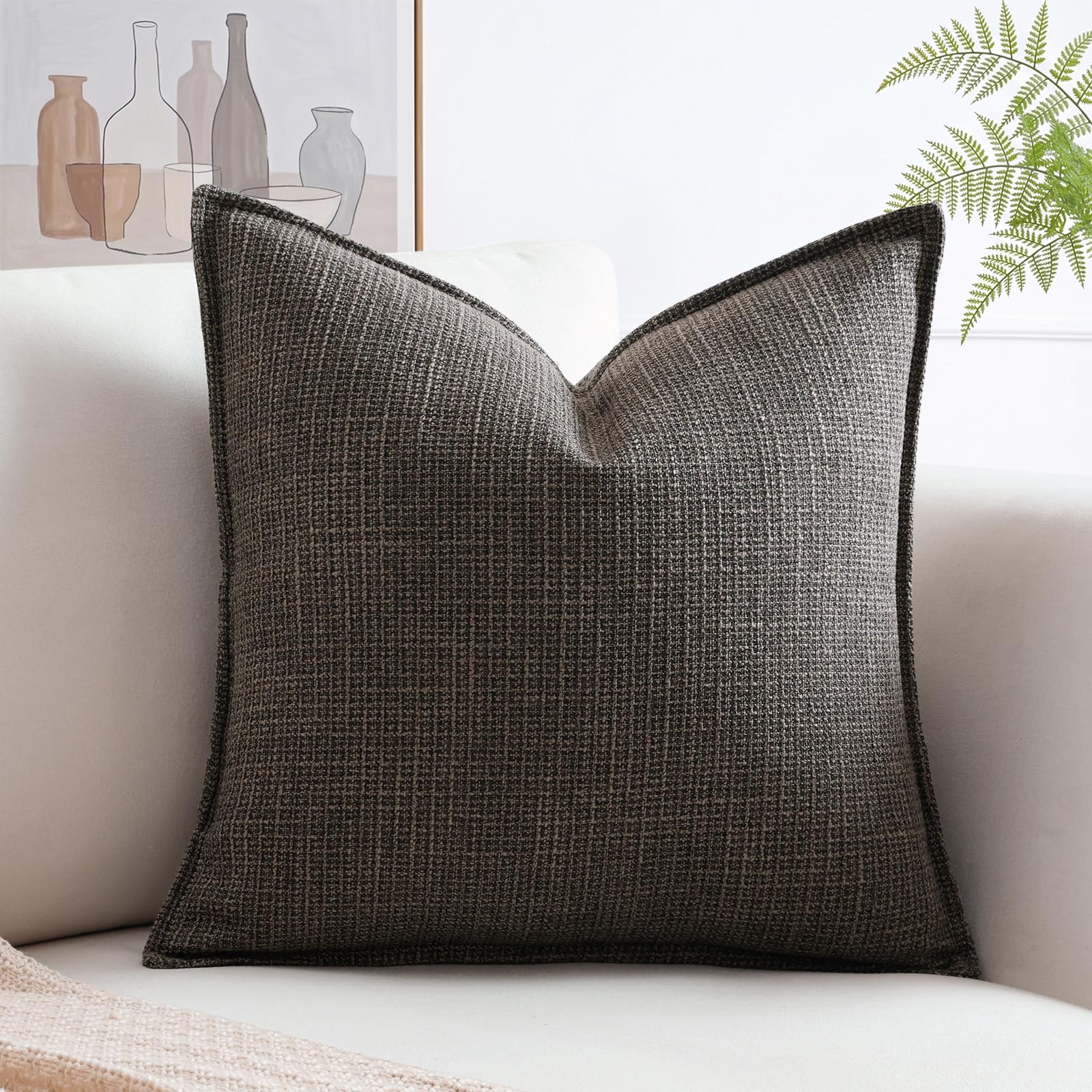 Artscope Pack of 1 Dark Brown Decorative Cushion Cover 16x16 Inch Linen Texture Couch Throw Pillows Farmhouse Pillow Covers with Elegant Design for Sofa Bedroom Living Room Home Decor 40 x 40 CM