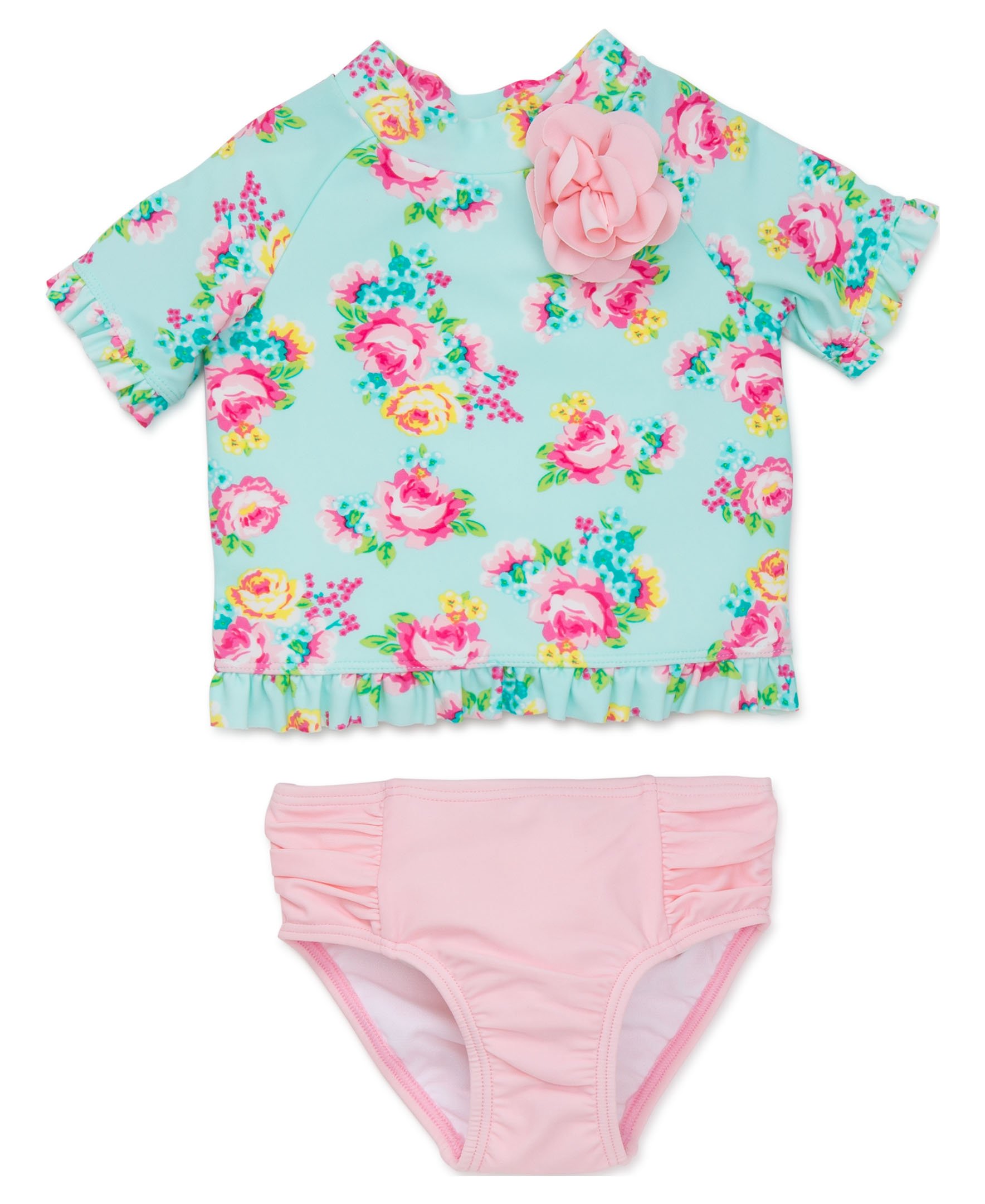 Little Me Toddler Girls' 2 Piece Short Sleeve Rashguard Set, Floral Rose, 2T