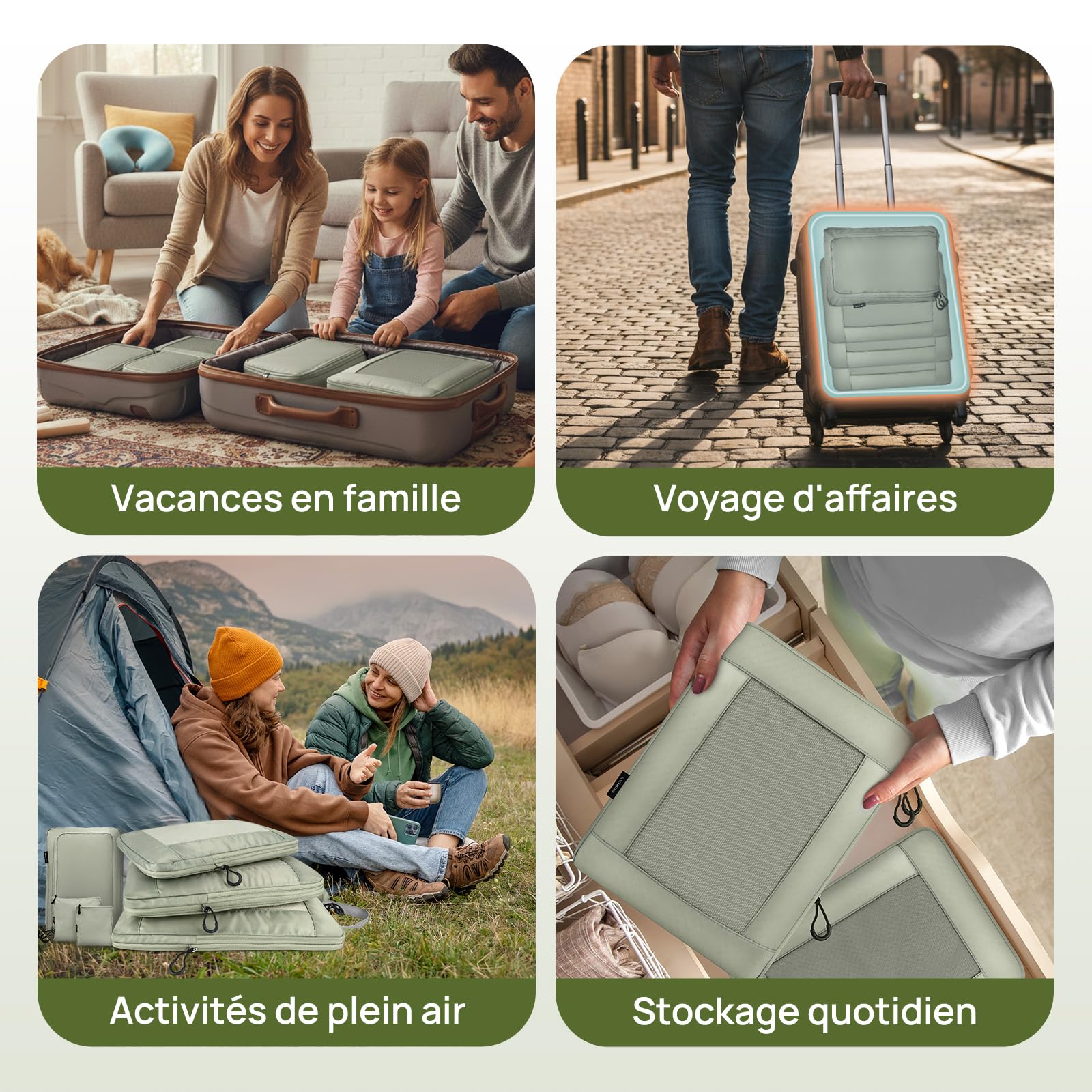 Rangement Valise, Ultraléger Organisateur Valise Compression, Extensible Voyage Packing Cubes Compression Sac Organiseurs de Bagage, Organisateur Valise Compressible (Gris Vert, 6 Pièces)