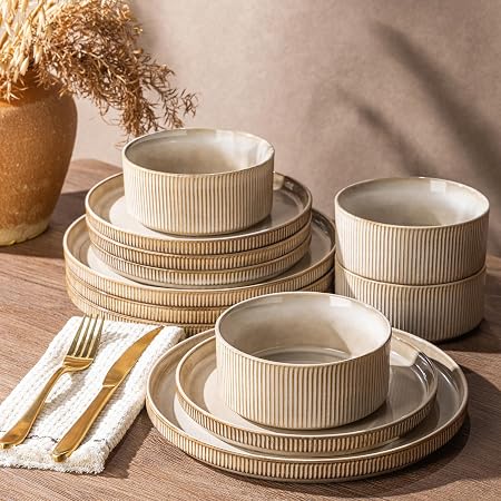 GBHOME 12-Piece Stoneware Dinnerware Set for 4 – Ribbed Ceramic