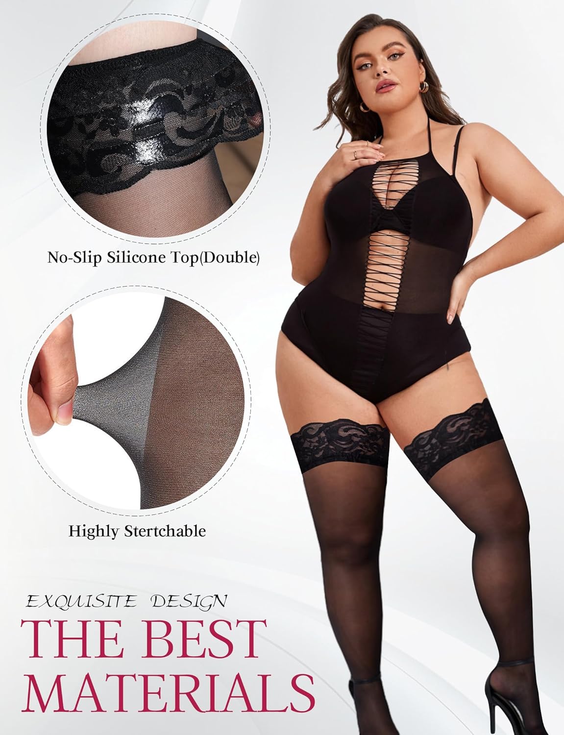 Buauty Plus Size Thigh High Stockings for Women – Black Lace Top Stay Up Sheer Thigh Highs,Lingerie Stockings Pantyhose - Image 3