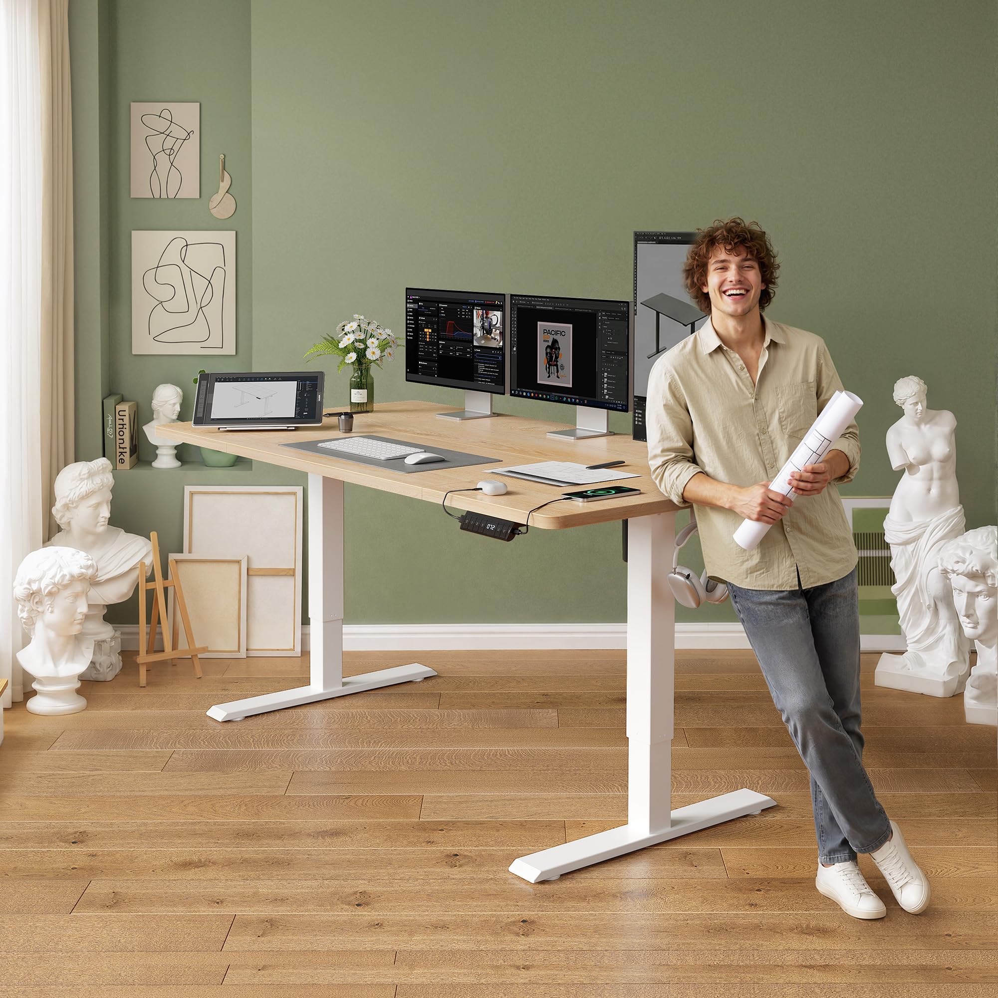 FEZIBO Höhenverstellbarer Schreibtisch mit USB-A und USB-C-Ladeanschlüssen, 160 x 80 cm Schreibtisch Höhenverstellbar Elektrisch, Ergonomischer Steh-Sitz Tisch für Heimbüro, Standing Desk, Eiche