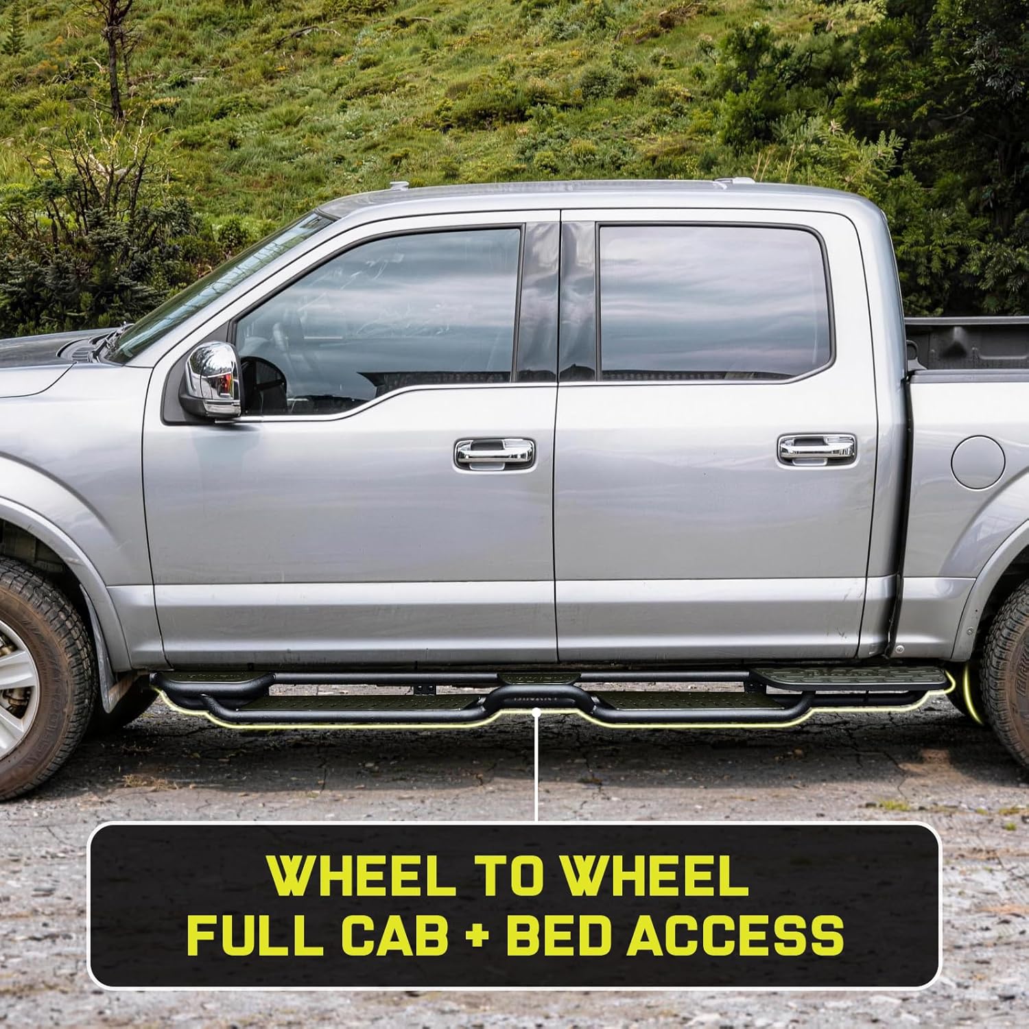 Binary Star Wheel to Wheel Running Boards for 2019-2026 Chevy Silverado/GMC Sierra 1500 Crew Cab, 2020-2026 Silverado/Sierra 2500HD 3500HD Crew Cab | 4-Step Truck Side Steps with Plastic Rear Step