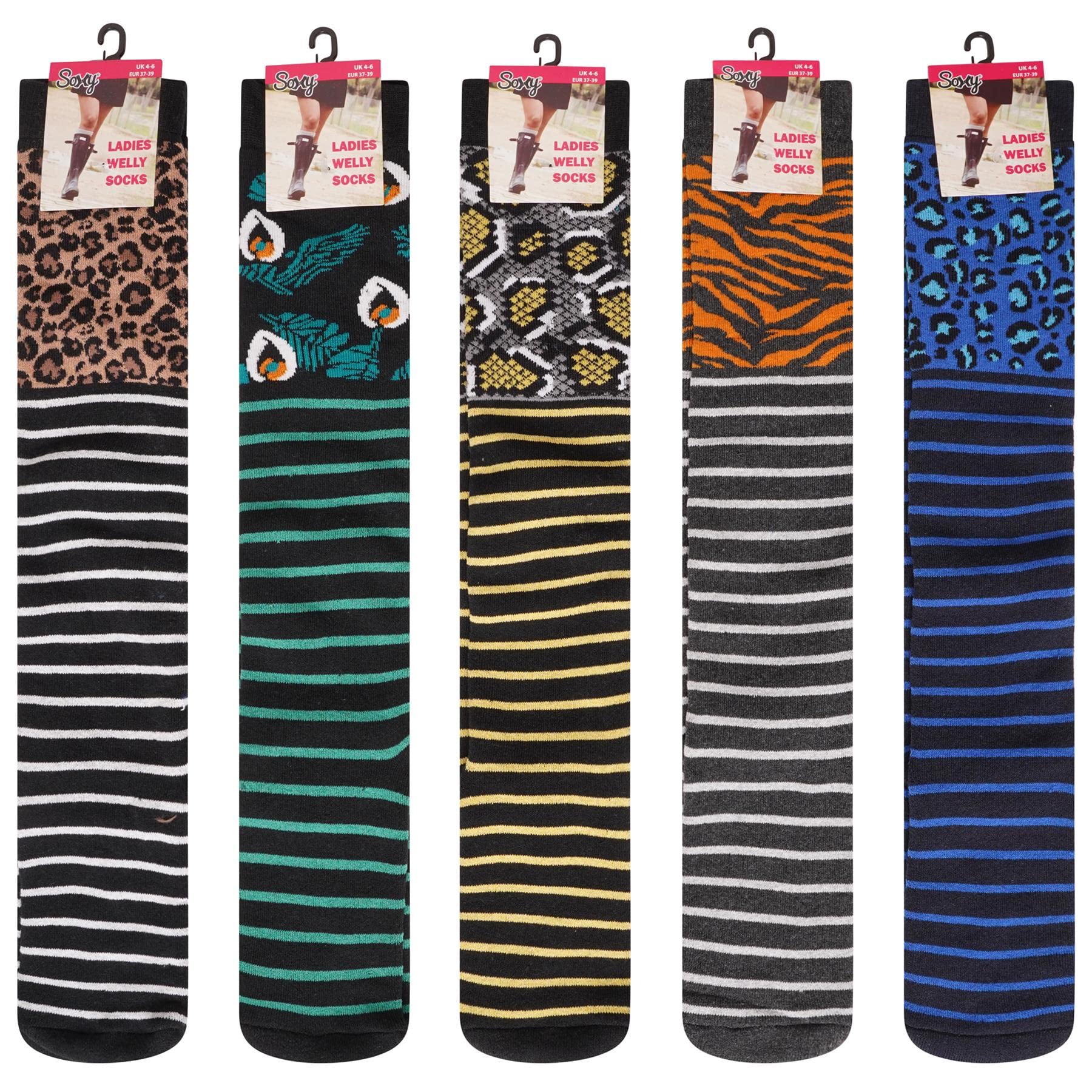 Soxy Women's Multicolor Design Wellington Boot Socks - 5 Pack - Welly Socks - Festival Walking Hiking Thermal Socks - Animal Skin Stripe Designs - Uk Shoe Size 4-6